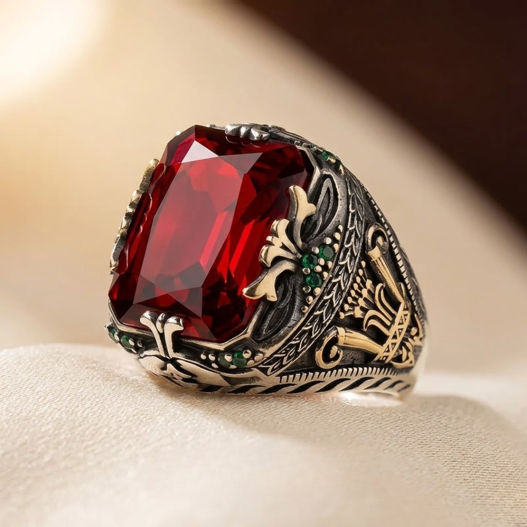 Anello Sigillo Decorato in Argento e Rubino