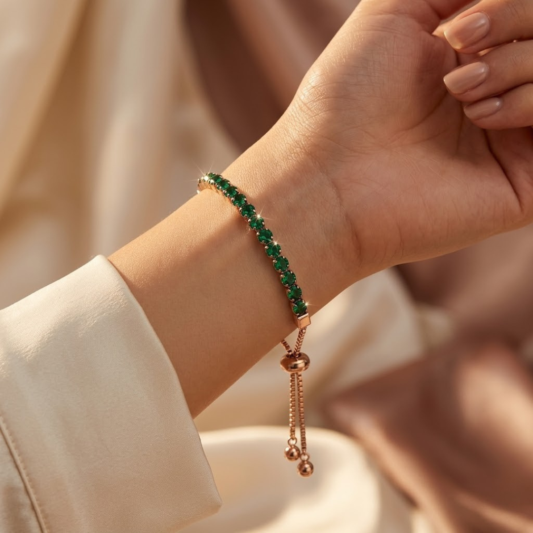 Bracciale da Tennis Regolabile in Oro e Smeraldo