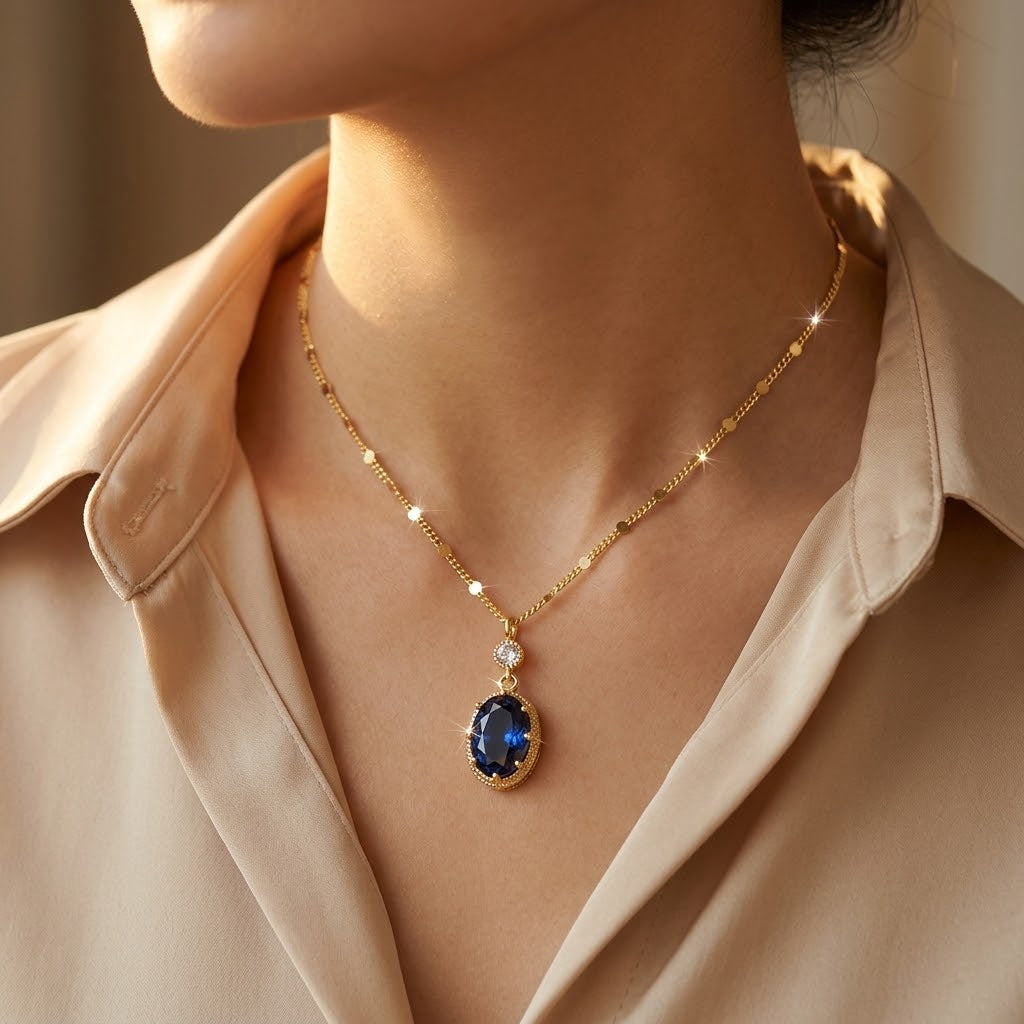 Collana Pendante Ovale in Oro e Zaffiro