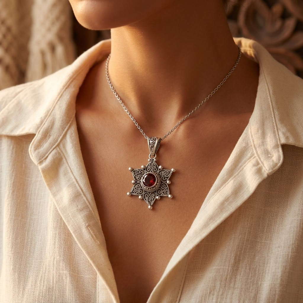 Collana Pendente Stella in Rubino Argentato