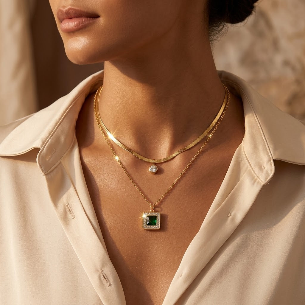 Collana sovrapposta in oro ed smeraldo