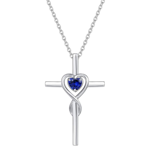 Collana a croce in pietra cuore zaffiro | Oro bianco