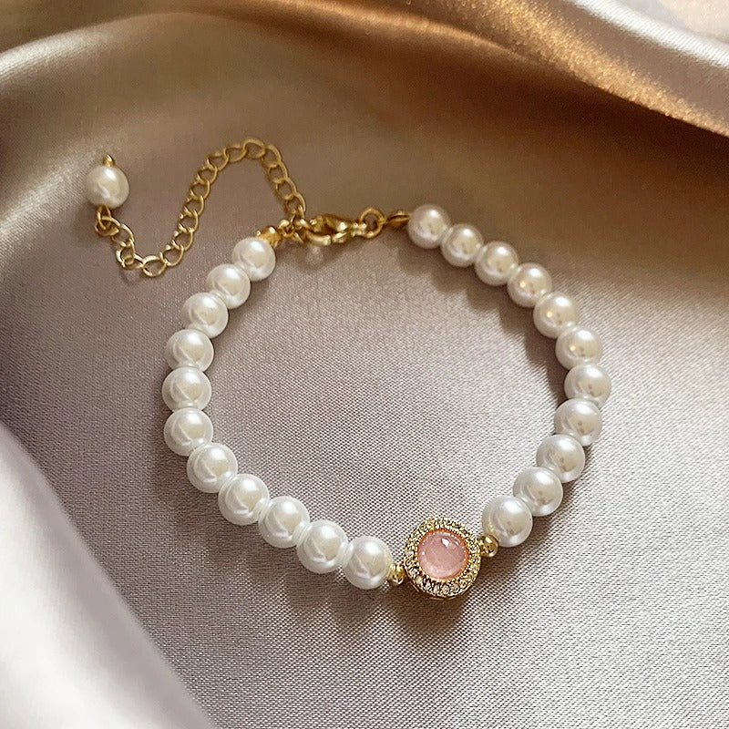 Bracciale rétro con perle e quarzo rosa
