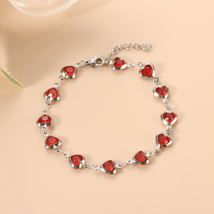 Bracciale in Catena d'Argento e Rubino a Forma di Cuore