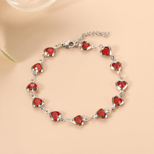 Bracciale in Catena d'Argento e Rubino a Forma di Cuore