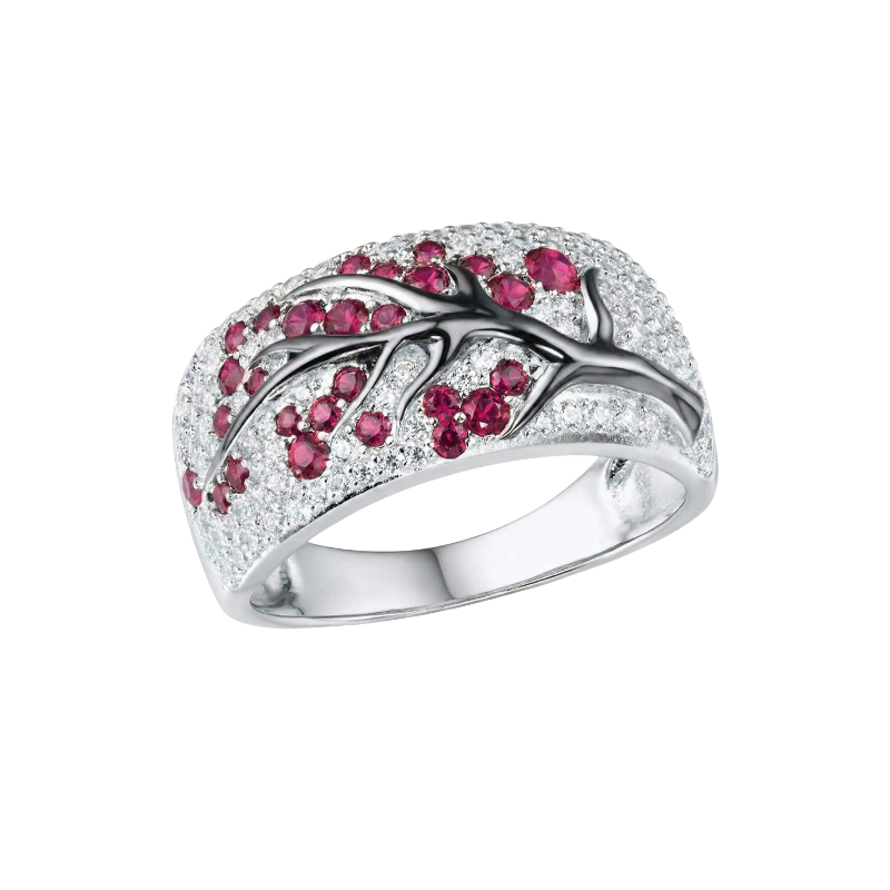 Anello Albero di Fiori di Rubino | Oro Bianco