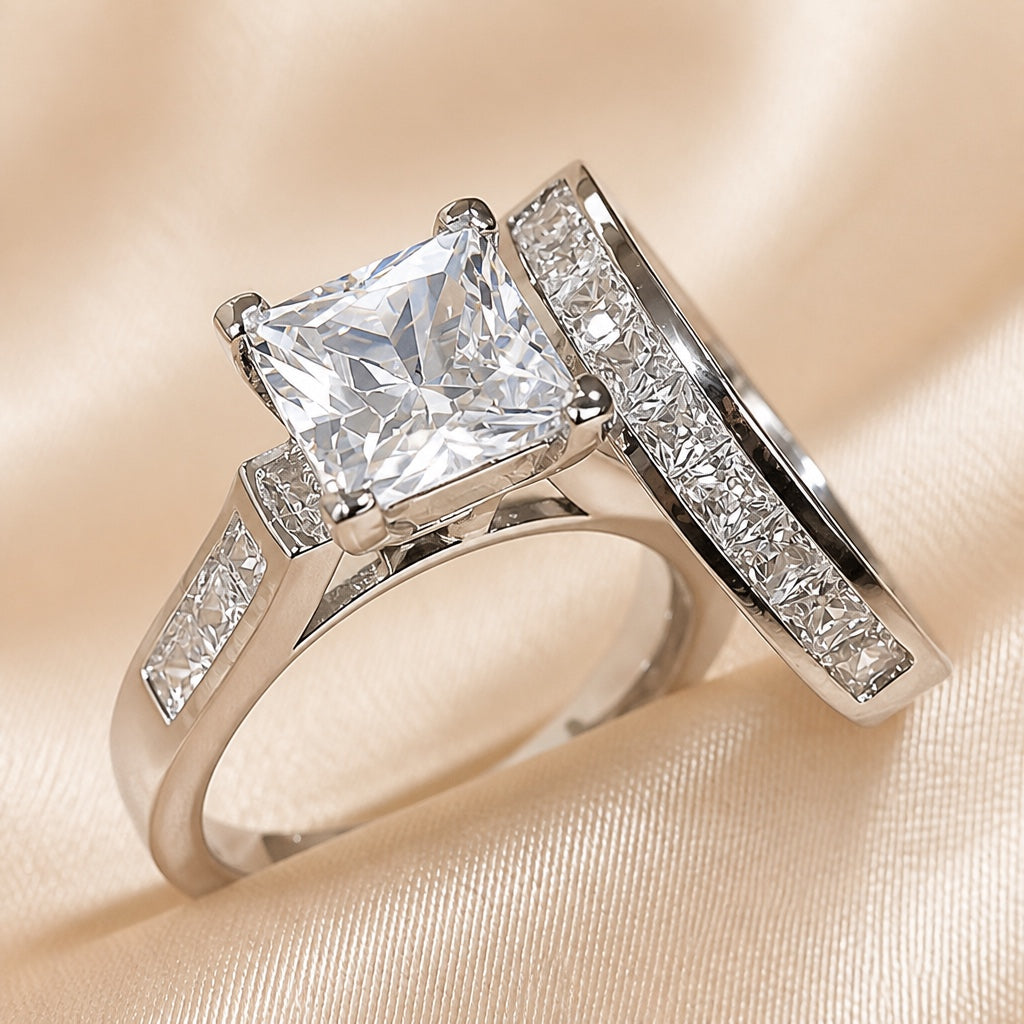 Anello in oro bianco e zirconia cubica quadrata