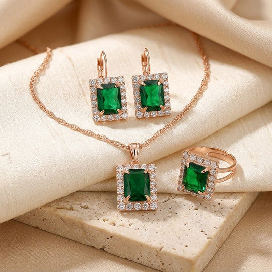 Set di Gioielli Rettangolare in Oro e Smeraldo