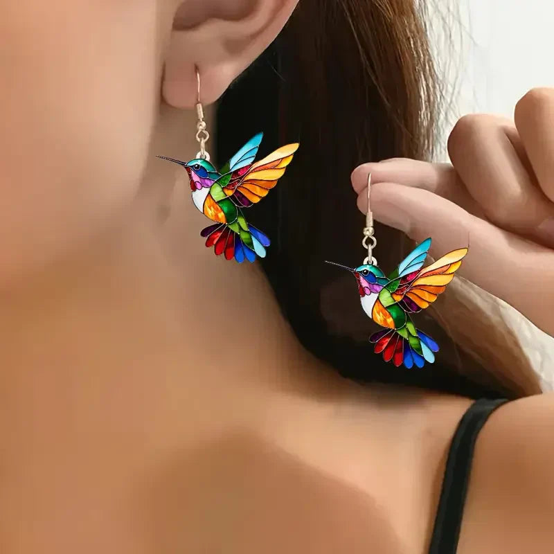 Orecchini Colorati a Colibrì | Oro Bianco