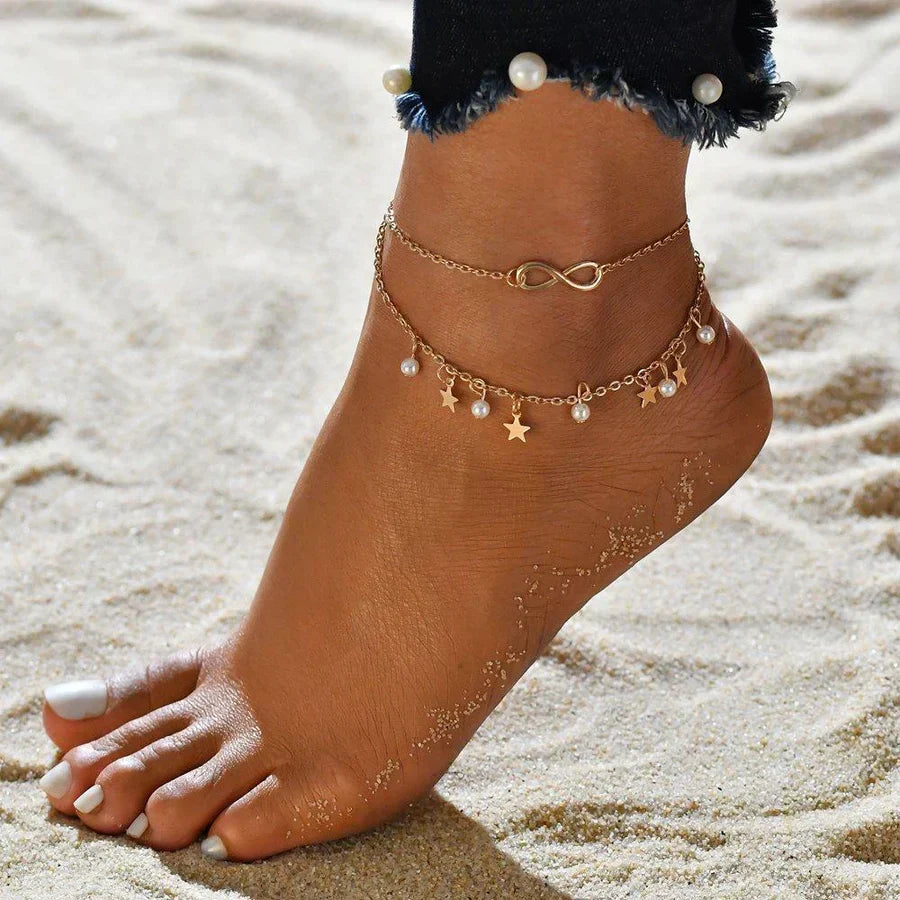 Bracciale alla Caviglia Infinity + Perle e Stelle | Oro